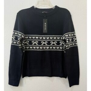 NWT Fair Isle Sweater Size XS MotelRocks Navy Blue with White Bows & Hearts